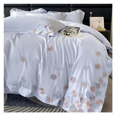 Imagem de Jogo de cama com bordado de flores, luxuoso, branco, algodão egípcio, capa de edredom, lençol com elástico, capa de colchão, macio (azul king size 4 peças)