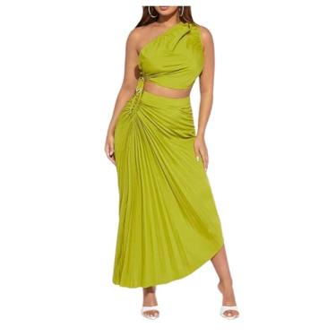 Imagem de BEAUDRM Conjunto feminino de 2 peças, blusa cropped de ombro único com saia plissada na frente torcida, Verde limão, G