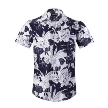 Imagem de Camisa masculina havaiana manga curta 4 vias stretch casual botão para baixo tropical floral verão praia camisa estampada, Branco marinho, 3G