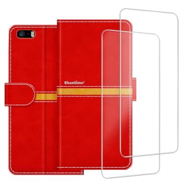 Imagem de ESACMOT Capa de celular compatível com iPhone 5 + [2 unidades] película protetora de tela de vidro, capa protetora magnética de couro premium para iPhone 5S (4 polegadas) vermelha