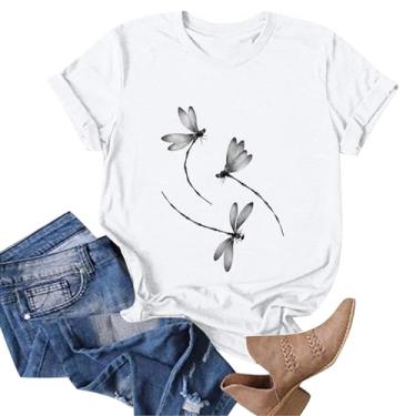 Imagem de Camisetas brancas femininas 2024 verão libélula borboleta gráfico tops manga curta gola redonda blusas básicas túnica casual, Z03 Branco, 3G