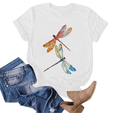 Imagem de Camisetas brancas femininas 2024 verão libélula borboleta gráfico tops manga curta gola redonda blusas básicas túnica casual, Z01 Branco, XXG