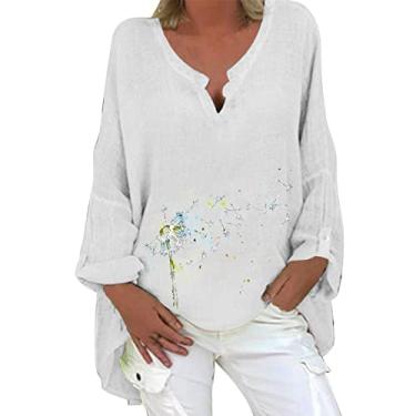 Imagem de Blusas femininas de linho de manga comprida de algodão com estampa floal casual solta redonda túnica, Branco, M