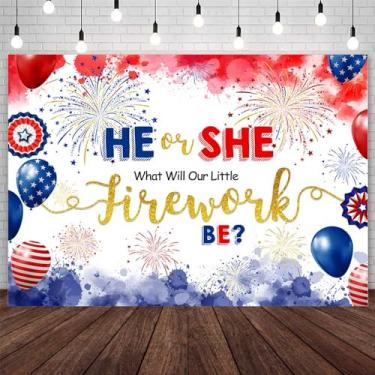 Imagem de AIBIIN 2,1 x 1,5 m Fogo de artifício revelar pano de fundo para ele ou ela, o que nossos pequenos fogos de artifício serão, fundo fotográfico, vermelho, branco e azul, Dia da Independência, revelação