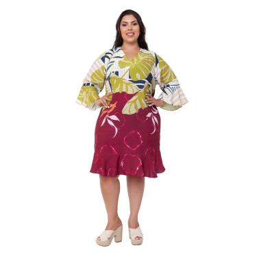 Imagem de Vestido Plus size curto vinho com manga ¾ de Viscose  Florido Claudia-Feminino