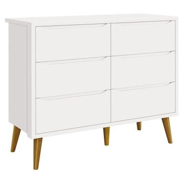 Imagem de Cômoda Infantil 6 Gavetas Retrô Theo Branco Acetinado Com Pés Madeira - Reller