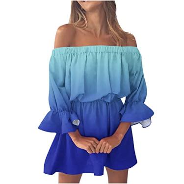 Imagem de Generic Vestido de praia feminino comprimento 3/4 manga bufante vestido de ombro vazado para mulheres chiffon floral midi vestido plissado havaiano, H-331 Azul royal, P