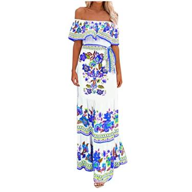 Imagem de Vestidos femininos vintage franzidos verão outono manga curta ombro vazado flor maxi longo solto fit vestidos femininos 2024, F-827 Azul royal, M