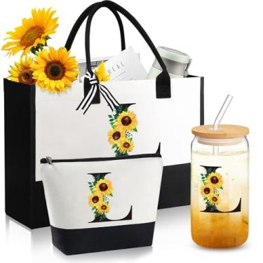 Imagem de Presentes personalizados para mulheres, presentes com monograma para mulheres, monograma inicial, presentes de aniversário de girassol para mulheres, mãe, irmã, melhores amigas - sacola de lona com