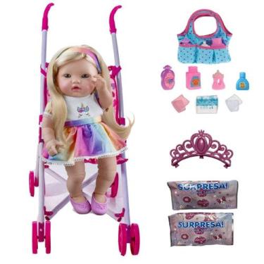 Imagem de Bebê Reborn Boneca Unicórnio + 2 Surpresas Carrinho e Bolsa - Roma