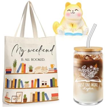 Imagem de Inbagi 3 conjuntos de presentes para amantes de livros incluem sacola de livros de 473 ml, copos de vidro com tampa e palha, decoração de mesa de gato fofo para presentes de clube do livro, presentes