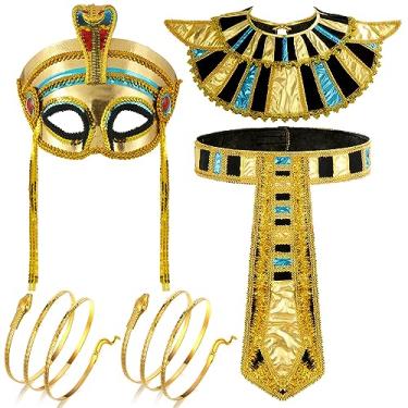 Imagem de Xtinmee Conjunto de 5 peças de acessórios de fantasia egípcia, inclui máscara egípcia, cinto egípcio, colar egípcio e pulseira tipo cobra para brincadeiras de fantasia de Halloween, Cores elegantes,