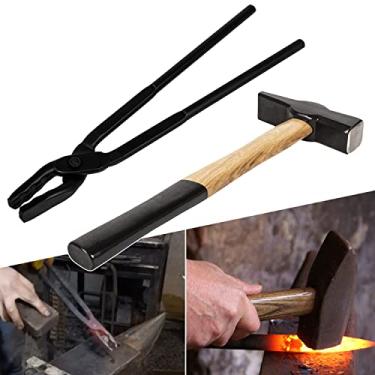 Imagem de Bonbo Conjunto de ferramentas Blacksmith Pinça de mandíbula de lobo de 38 cm Pinça de ferreiro para bigorna, fabricação de facas e 0000811-1500 martelo de ferreiro 1500 g Ferramenta de golpe de metal