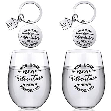 Imagem de Lallisa 4 peças de presentes de inauguração de casa para casa nova, 2 peças de garrafa de taças de vinho sem haste e 2 peças de chaveiro para casa nova, chaveiros para casais recém-casados, amigos,