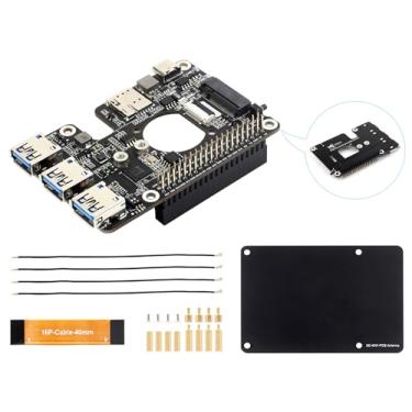 Imagem de PCIe para M.2 4G/5G e USB 3.2 HAT+ para Raspberry Pi 5, placa adaptadora PCIe para USB3.2/M.2 compatível com módulos Pi5 e 4G/5G com interface M.2 Key B, com 3 portas USB 3.2 Gen1, antena 5G-4IN1-PCB