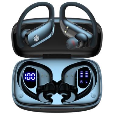Imagem de bmani Fones de ouvido sem fio Bluetooth 48 horas para reprodução, fones de ouvido esportivos com visor de LED, fones de ouvido com ganchos embutidos para treino, preto