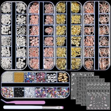 Imagem de editTime 5 caixas de ouro e prata metal prego 3D punk tachas estrela lua coração triângulo quadrado rebite joias arte de unhas com uma pinça curvada e uma escova de unha (ouro e ouro rosa e prata)