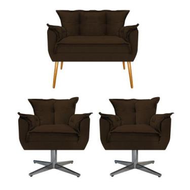 Imagem de Kit Namoradeira e 02 Poltronas Opala Base Giratória de Metal Suede Mar