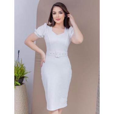 Imagem de Vestido Midi Social com Cinto Evangélico Manga Curta Bufante - Fashion