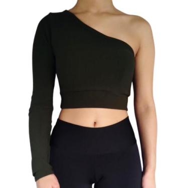 Imagem de Top Cropped Manga Longa Um Ombro Só Liso Malha Crepe PP ao Plus Size -