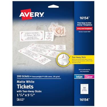 Imagem de Avery Ingressos imprimíveis com tachas Tear-Away branco, 3,5 cm de largura x 13,8 cm de comprimento - laser, jato de tinta - 20/folha - 5/caixa (16154CT)