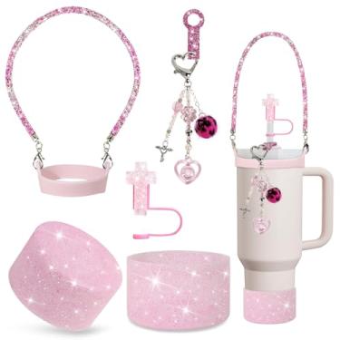 Imagem de VirgoCCY Conjunto de 5 peças de acessórios Stanley Cup de 30 e 1,134 g, inclui 1 capa de canudo com glitter, 1 alça de alça de glitter, 1 pingente de adaptador de canudo em branco com 1 pingente de