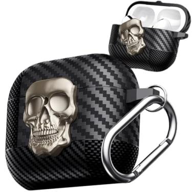 Imagem de Fofvccv Capa para AirPods Pro 2ª geração com trava e chaveiro para homens, capa protetora de caveira rígida de fibra de carbono à prova de choque para Airpods Pro 2 KLT dourado