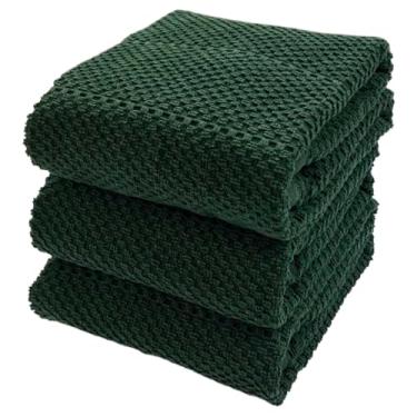 Imagem de Serafina Home Toalhas de mão de cozinha, 45 x 71 cm, pacote com 3, toalhas de prato grandes 100% algodão macias e absorventes com laço para pendurar (verde escuro texturizado)