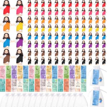 Imagem de Barydat 100 conjuntos de mini estatuetas de Jesus a granel figuras pequenas de Jesus brinquedos Jesus Salvador Jesus boneca com 100 cartões 100 sacos para lembrancinhas de festa religiosa presente de