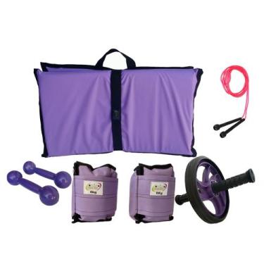 Imagem de Kit Tornozeleira 6KG Lilás + Halteres 6KG Lilás + Colchonete Lilás + R