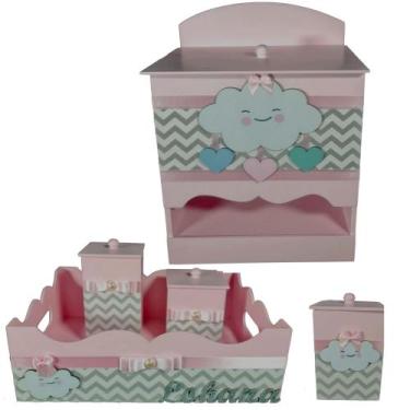 Imagem de Kit de Higiene de bebê madeira Mdf Menina 5 pçs - CHUVA AMOR ROSA CHEV