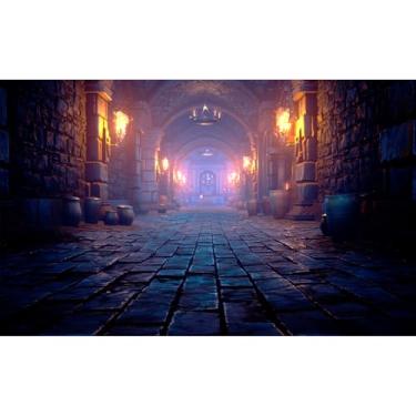 Imagem de Cenário de catacumbas medievais assustadoras, calabouço infinito com tochas, castelo antigo, fotografia de fundo, caverna de dragão, pesadelo misterioso, fundo de Halloween, tema de terror assustador,