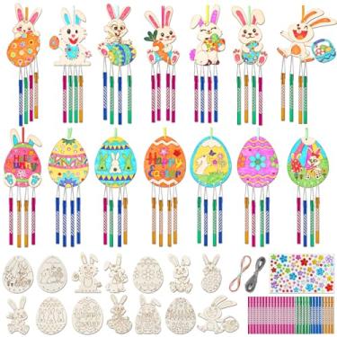 Imagem de DECYOOL 14 pacotes de kit de sino de vento de coelhinho para primavera, faça um sino de vento, artesanato, ovo de Páscoa, coelhinho, sinos de vento, faça você mesmo, colorir madeira para meninas,