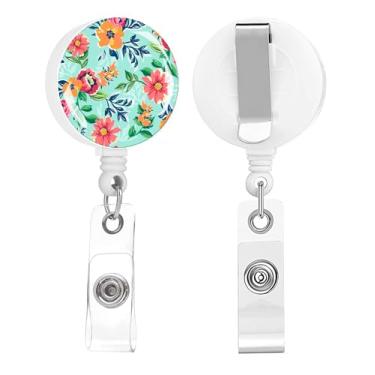 Imagem de Carretéis retráteis, porta-crachás retráteis, clipes retráteis, porta-cartões de identificação retráteis para professores, estudantes, funcionários de escritório (flores em fundo azul)