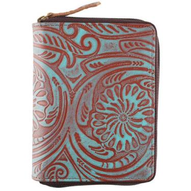 Imagem de Carteira de Passaporte F&L CLASSIC em Couro Floral Turquesa com Bloque