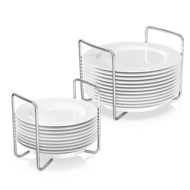 Imagem de Organizador de pratos para balcão de cozinha, suporte de pratos de bambu para armário, suporte de placa para armazenamento de gaveta de cozinha, pacote com 2, ajustável para 17 a 32 cm, aço inoxidável