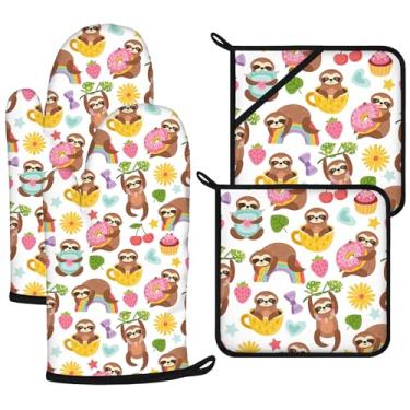 Imagem de Lindos conjuntos de luvas de forno e suportes de panela de preguiça 4 peças, luvas de forno extralongas para cozinha, cozinhar, assar, churrasco, 100% algodão, resistente ao calor
