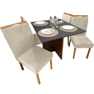 Imagem de Mesa de Jantar Helo 90x90cm em Veludo com 4 Cadeiras California Poliman Cor Grafite com Assento Bege