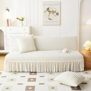 Imagem de Capa de futon sem braços com saia de babados, sofá-cama futon altamente elástica(Beige,Small (120-150cm))