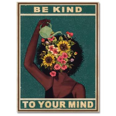 Imagem de Pôster Be Kind To Your Mind Vogue Black Girl Wall Art Lose Your Mind Prints Positivity Quote Art Vintage Floral Girl Canvas Decor 30 x 40 cm sem moldura