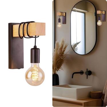 Imagem de Arandela de parede industrial rústica de metal preto e madeira