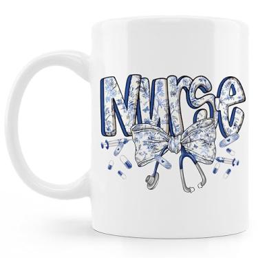 Imagem de BESERH Caneca de café Blue Chinoiserie Coquette Bow Nurse Coffee Cup, presentes de agradecimento de enfermeira, presentes de dia de enfermagem semana para mulheres, suprimentos de enfermagem, caneca