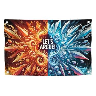 Imagem de Bandeira de 9,5 x 1,5 m com citação com 4 argolas de latão - Bandeira legal vermelha e azul Vamos argumentar para decoração de quarto - Ilustração de fogo e gelo com texto design exclusivo para