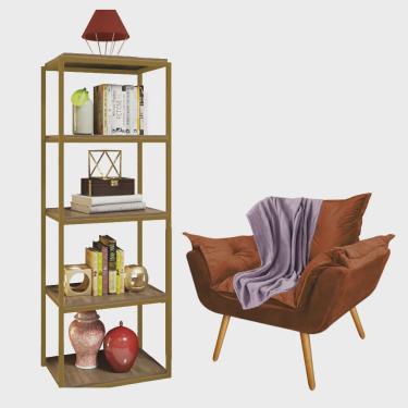 Imagem de Kit Poltrona Fatte com Manta Soft Lilás e Estante Livreiro Ferro Dourado mdf Carvalho Suede Terracota - Ahazzo Móveis