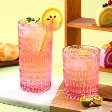 Imagem de Loivttvv Conjunto de 8 copos de vidro, copos altos de 400 ml e copos de vidro canelados, copos vintage para água, suco, coquetel, uísque (rosa)