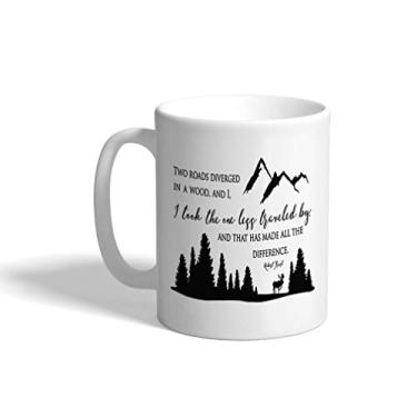 Imagem de Caneca de café personalizada 325 ml 2 estradas divergentes em uma madeira demorou menos viajou Robert Frost design de xícara de chá de cerâmica apenas