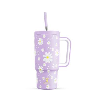 Imagem de Meoky Copo de 680 g com alça para crianças: copo isolado de aço inoxidável com alça - mantém frio por 24 horas - 100% à prova de vazamento - livre de BPA para porta-copos de carro de viagem - meninas