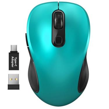 Imagem de WisFox Mouse sem fio de 2,4 G para laptop, mouse de computador ergonômico com receptor USB e adaptador tipo C, 3 níveis ajustáveis, mouse sem fio sem fio de 6 botões para Windows Mac PC Notebook