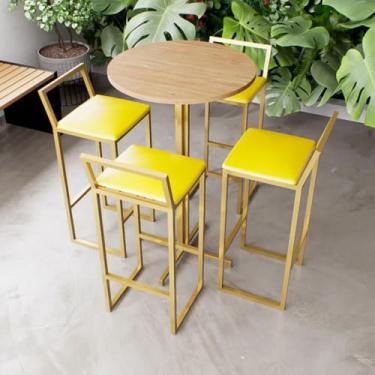 Imagem de Jogo Mesa Alta Bistrô Redonda Pinus 4 Banquetas Estofado Industrial Dourado (Amarelo)