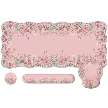 Imagem de iCasso Conjunto de tapete de mesa 4 em 1, mouse pad grande com descanso de pulso, suporte ergonômico de pulso para mulheres, tapete de computador floral feminino com porta-copos, tapete de mesa